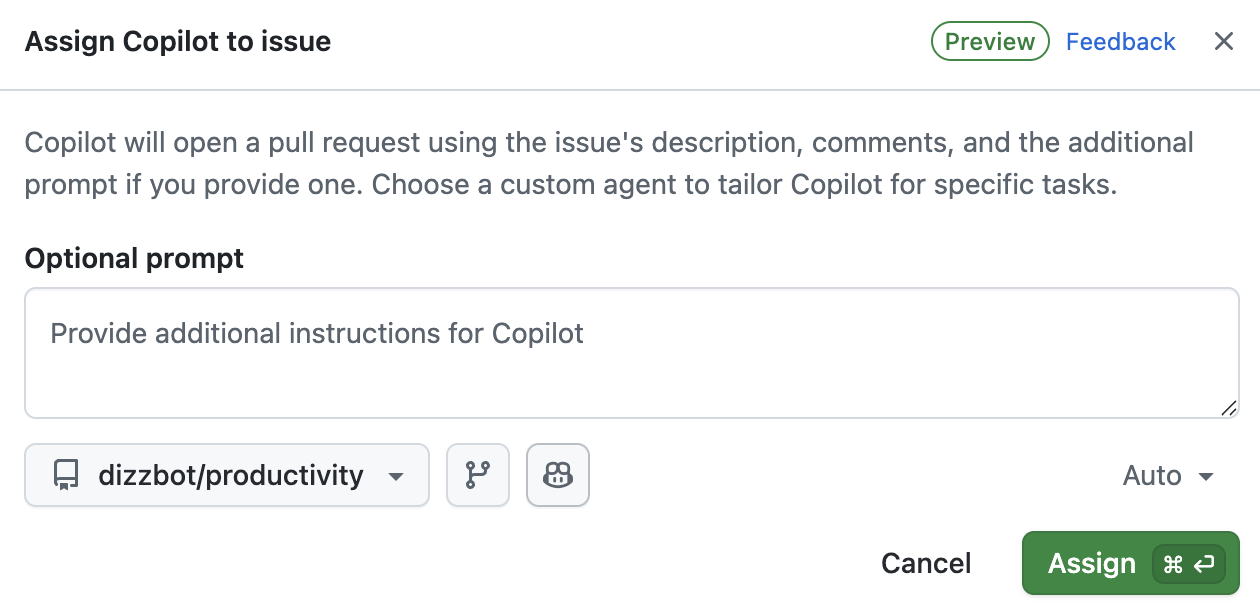 Captura de pantalla del cuadro de diálogo "Asignar a Copilot" en el que se muestran las opciones del repositorio de destino, la rama de inicio, agente personalizado e instrucciones adicionales.