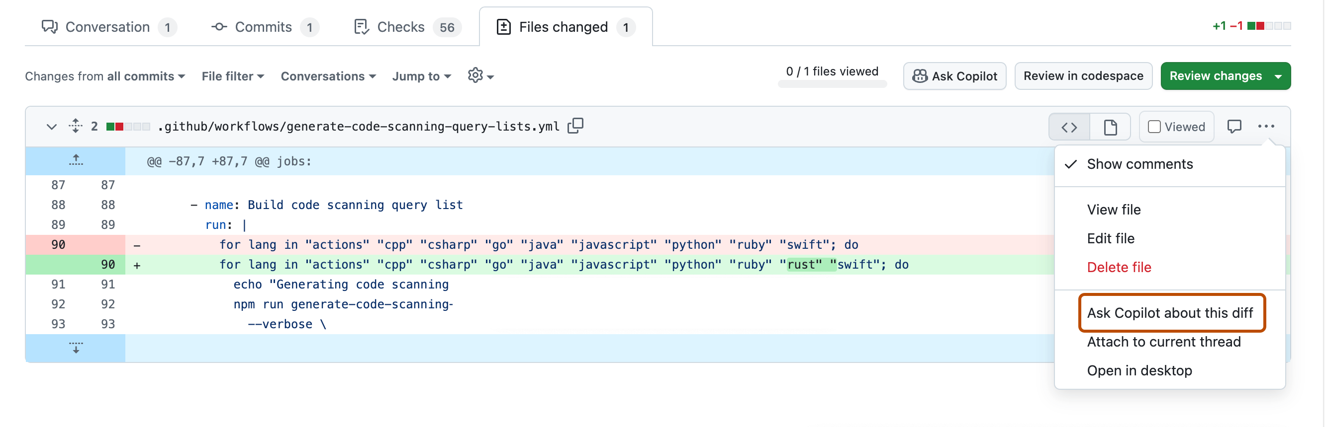 Screenshot of a pull request "files changed" tab. The "Ask Copilot about this diff" option is highlighted in red.