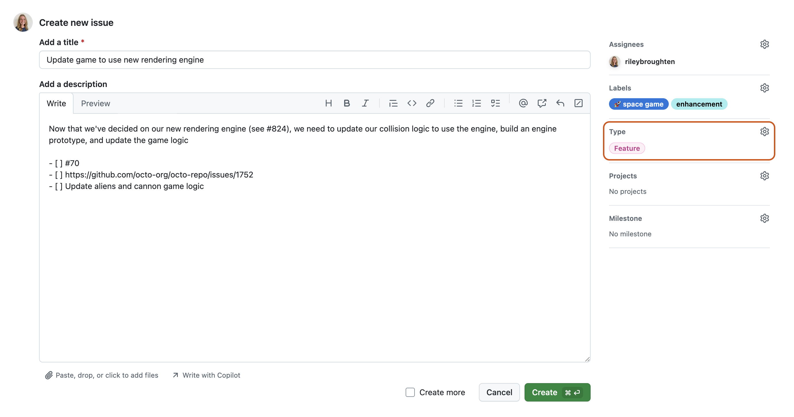 Captura de tela do formulário de um novo problema. Na barra lateral direita, há uma seção "Tipo" com o contorno em laranja escuro.