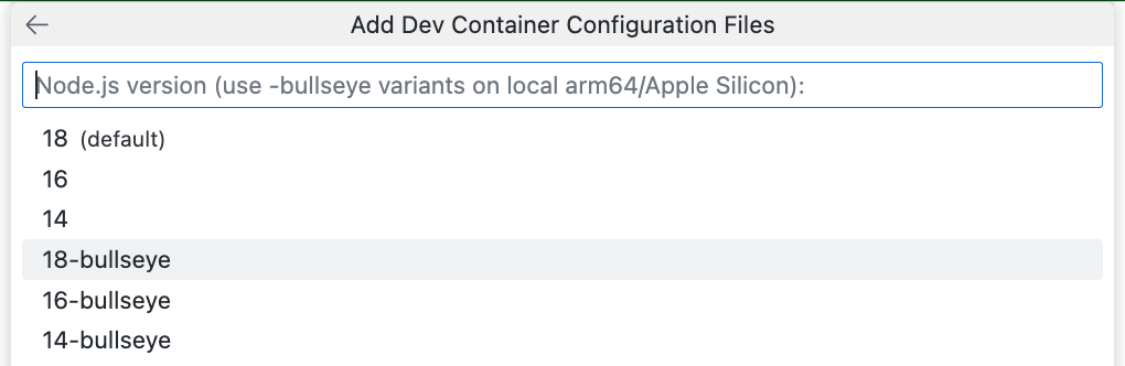 Screenshot des Dropdownmenüs „Entwicklungscontainer-Konfigurationsdateien hinzufügen“ mit Anzeige verschiedener Node-Versionen, darunter „18 (Standard)“.