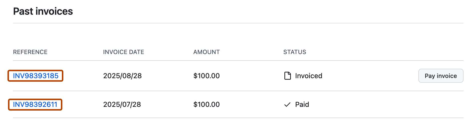 Screenshot of the Billing and licensing "Past invoices" page for an invoiced enterprise account. Two invoice references are outlined in orange.