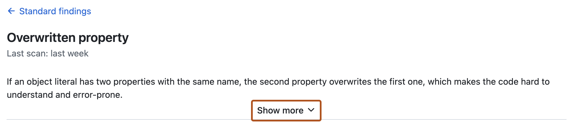 Screenshot of the findings for the "Overwritten property" rule. The text, "Show more", is highlighted in dark orange.