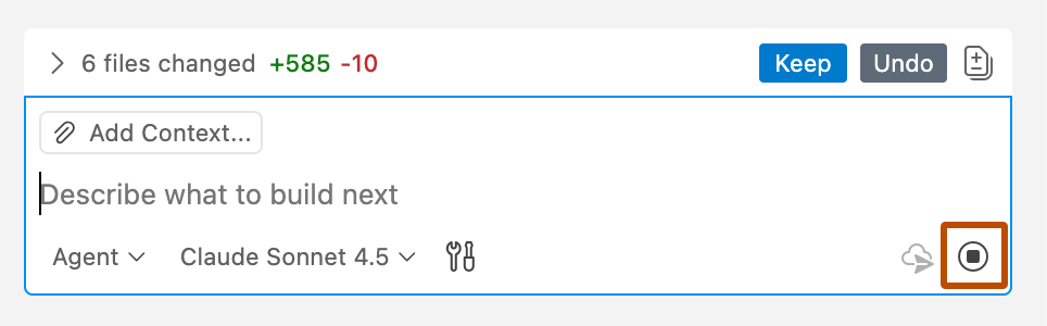 Screenshot of the cancel button at the bottom right of the chat view in VS Code.