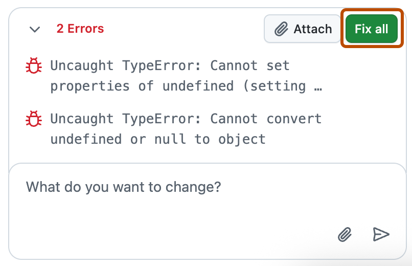 Screenshot of errors identified by GitHub Spark. The "Fix all" button is outlined in orange.