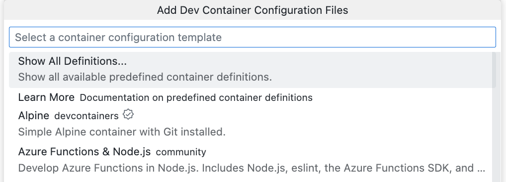 Screenshot des Menüs „Konfigurationsdateien für Entwicklungscontainer hinzufügen“ mit Anzeige verschiedener Optionen, darunter auch „Alle Definitionen anzeigen“.