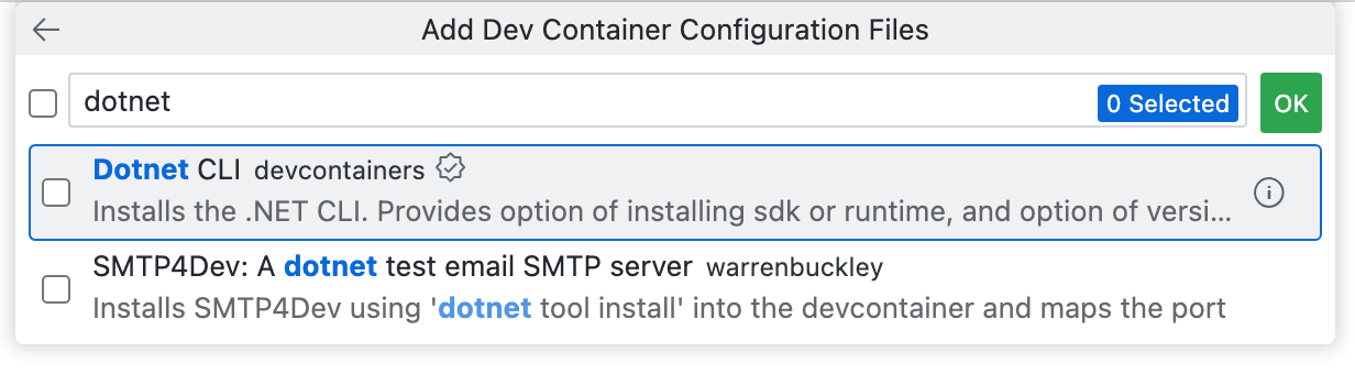 Screenshot des Dropdownmenüs „Entwicklungscontainer-Konfigurationsdateien hinzufügen“ mit Anzeige von „dotnet“ im Textfeld und „Dotnet CLI“ in der Dropdownliste.