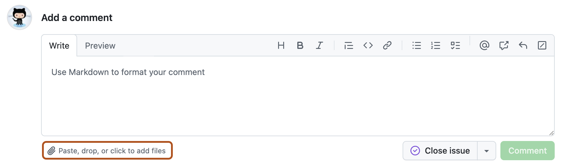 Captura de tela da caixa de comentários do problema. O ícone "Anexar arquivos" é contornado em laranja.