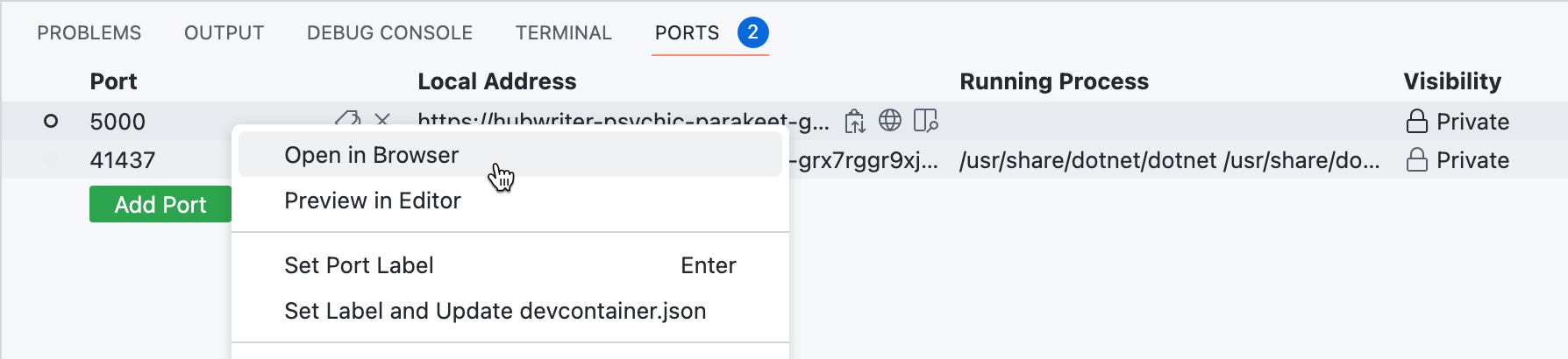 Screenshot der Registerkarte „Ports“ mit angezeigtem Kontextmenü, in dem der Mauszeiger auf die Option „Im Browser öffnen“ gerichtet ist.