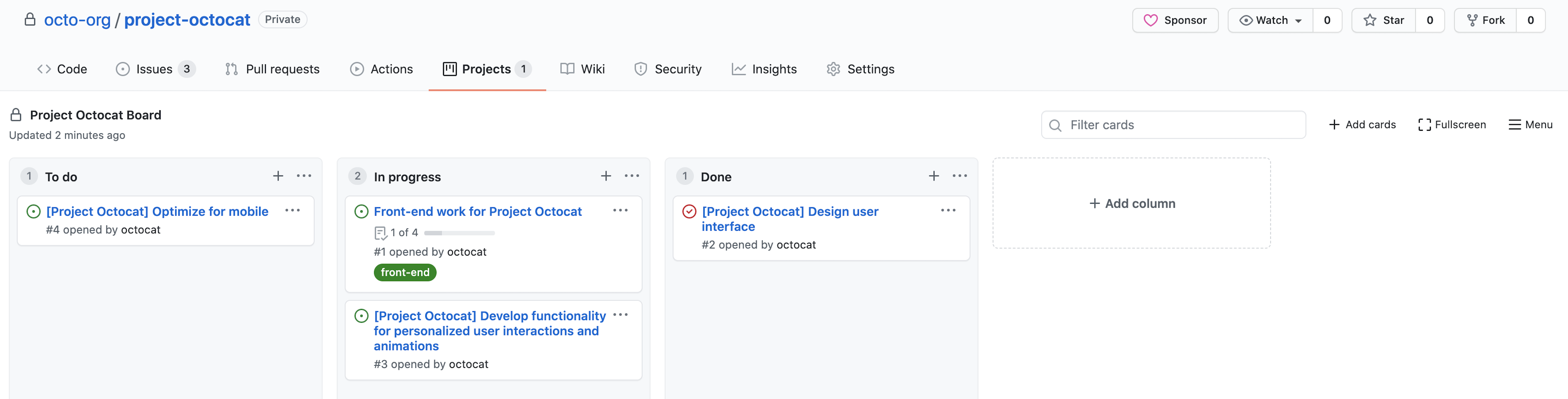 Screenshot of a project (classic) called "Project Octocat Board," with issues organized into columns for "To do," "In progress," and "Done."