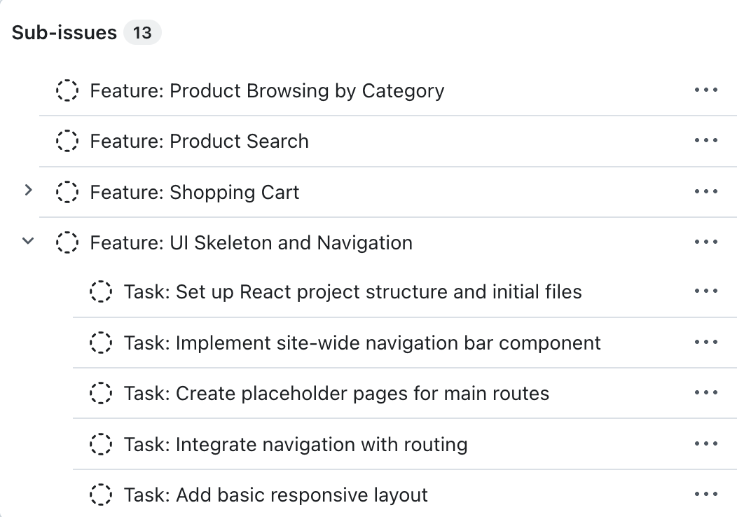 Copilot Chat 워크벤치의 스크린샷 워크벤치는 맨 위에 에픽이 있고 그 아래에 여러 하위 이슈가 있는 이슈 트리를 표시합니다.