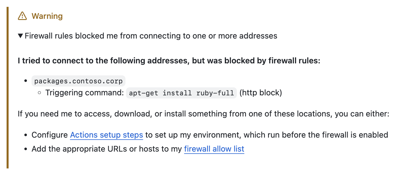 Captura de pantalla de una advertencia de Copilot acerca de que está bloqueado por el firewall.