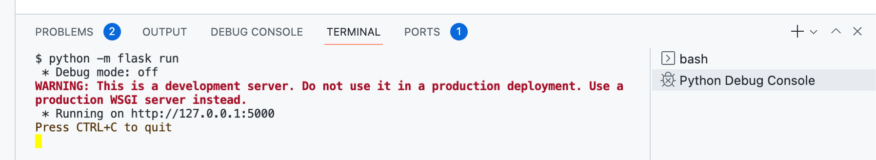 Screenshot der Registerkarte Terminal mit dem Befehl „python -m flask run“ und der Ausgabe „Wird ausgeführt auf http://127.0.0.1:5000“.