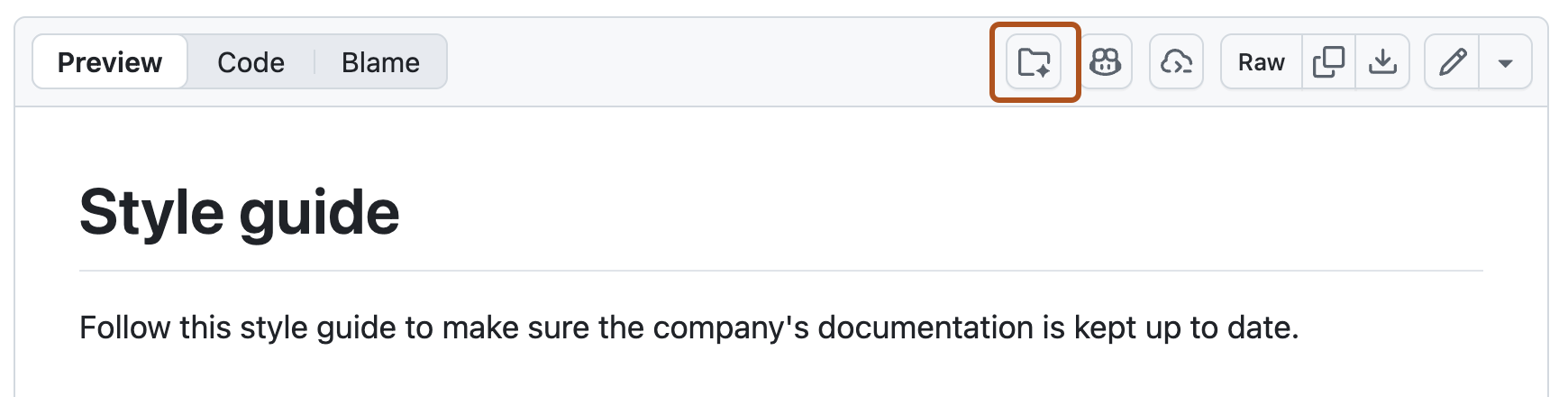 Screenshot of a file in the code view. The "Add to space" icon is highlighted in orange.