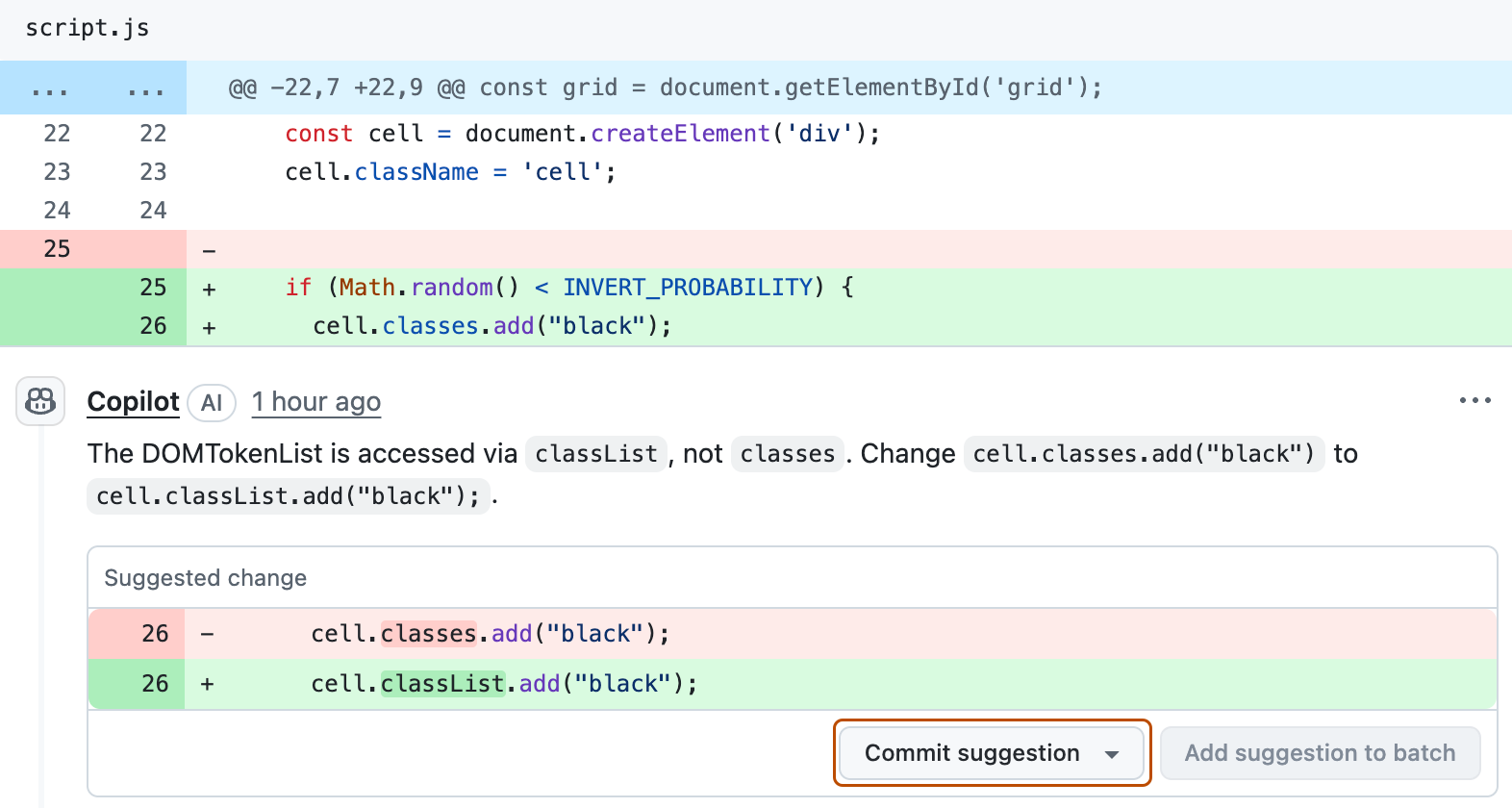Captura de tela de uma alteração sugerida do GitHub Copilot. O botão "Commit suggestion" é realçado em uma estrutura de tópicos laranja.