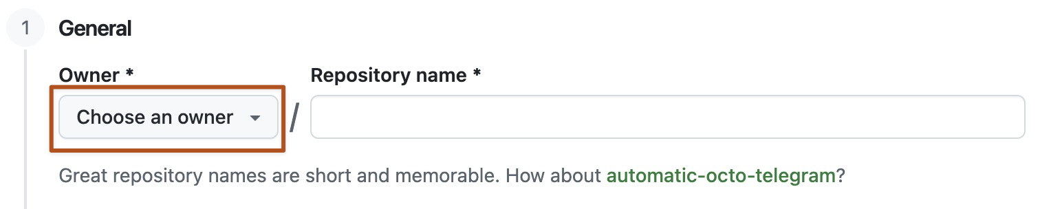 Captura de tela do menu Proprietário de um novo repositório do GitHub. O menu mostra duas opções, octocat e github.