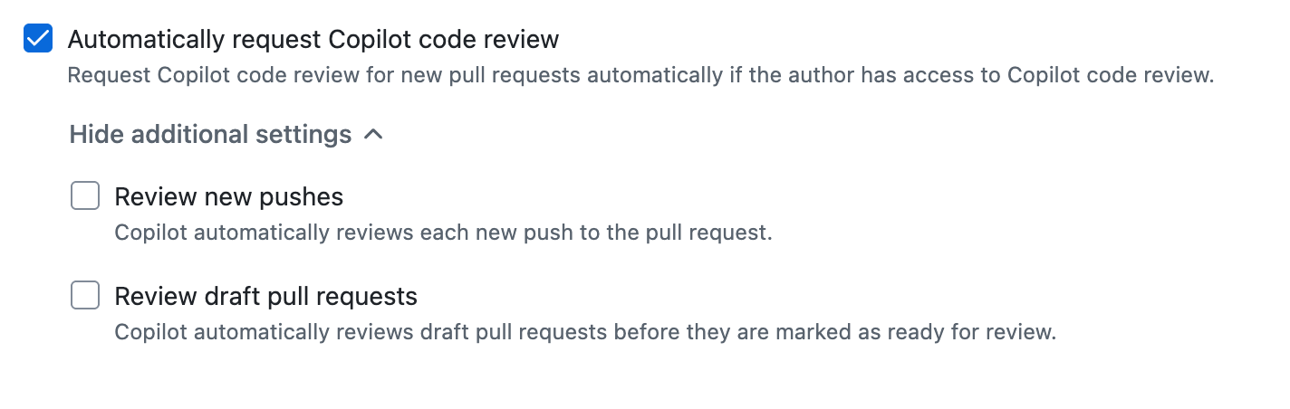 "Request pull request review from Copilot" 분기 규칙 집합 옵션 스크린샷