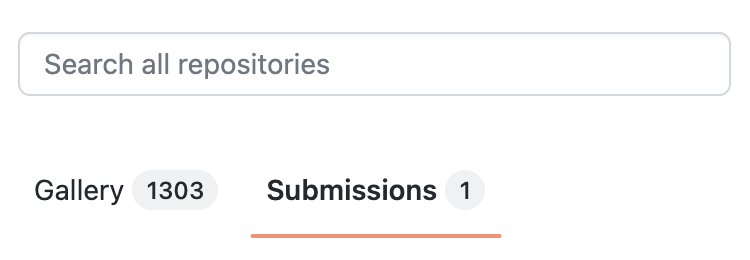 Screenshot der Registerkarte „Übermittlungen“ unter der Suchleiste und neben der Registerkarte „Katalog“ auf der GitHub Community Exchange-Startseite